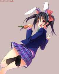 Rule 34 | 10s, 1girl, \m/, animal ears, black hair, blush, bow, rabbit ears, carrying, dutch angle, fake animal ears, from behind, hair bow, highres, leg up, looking at viewer, looking back, love live!, love live! school idol project, open mouth, petticoat, pink eyes, school uniform, short hair, solo, yazawa nico, yu-ta