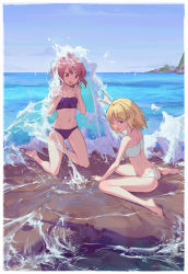 Rule 34 | 2girls, absurdres, ahoge, barefoot, bikini, bingwei huang, blonde hair, blue eyes, blue sky, border, breasts, commentary, english commentary, engrish commentary, feet, full body, hands up, highres, hikimayu, kneeling, medium hair, mixed-language commentary, multiple girls, navel, ocean, one eye closed, original, outdoors, purple bikini, red eyes, red hair, signature, sitting, sky, small breasts, swimsuit, thighs, wariza, water, white bikini, white border