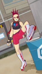 Rule 34 | 1girl, body blush, breasts, cameltoe, chain-link fence, eyepatch, fence, fingerless gloves, forehead, gloves, highres, jet set radio, leg up, lipstick, love shockers, makeup, medium breasts, midriff, nail polish, navel, piercing, pink hair, roller skates, scarf, sega, shorts, skates, spiked hair, spray can, spread legs, standing, standing on one leg, stitchword, thighs