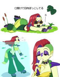 Rule 34 | 1girl, absurdres, banana, breasts, choker, cleavage, colored skin, commentary request, crocodile girl, crocodilian tail, crop top, eating, five nights at freddy&#039;s, five nights at freddy&#039;s: security breach, food, fruit, genderswap, genderswap (mtf), grass, green skin, highres, humanization, large breasts, long hair, lying, midriff, minami (mnm-kyk), montgomery gator, mouth under water, multiple views, on stomach, pants, partially underwater shot, red hair, reptile girl, sexually suggestive, standing, tail, translation request, underwater, water