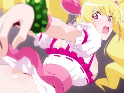 Rule 34 | 1girl, ass, blonde hair, bound, bound wrists, cure peach, fresh precure!, fuchi (nightmare), hair ornament, heart, heart hair ornament, long hair, looking at viewer, looking back, magical girl, momozono love, no panties, open mouth, pink eyes, plant, precure, puffy short sleeves, puffy sleeves, short sleeves, thorns, twintails, vines