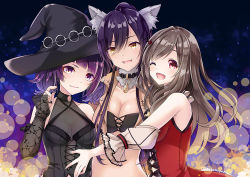 Rule 34 | 3girls, animal ears, bare shoulders, beige jacket, black dress, black hair, blush, breasts, brown hair, choker, cleavage, closed mouth, collar, collarbone, cropped jacket, detached sleeves, diagonal bangs, dog tags, dress, fur collar, girl sandwich, hair between eyes, halloween, hat, high ponytail, idolmaster, idolmaster shiny colors, jewelry, large breasts, long hair, looking at viewer, midriff, multiple girls, nail polish, nozomiyuyu, one eye closed, open mouth, pink eyes, ponytail, purple eyes, purple hair, red dress, sandwiched, shirase sakuya, short twintails, small breasts, smile, tanaka mamimi, tsukioka kogane, twintails, witch hat, wolf ears, yellow eyes