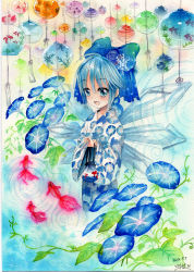 Rule 34 | 1girl, alternate costume, bag, blue eyes, blue hair, bow, cirno, colored pencil (medium), fish, floral print, flower, goldfish, hair bow, hair flower, hair ornament, highres, ice, ice wings, japanese clothes, kimono, long sleeves, matching hair/eyes, morning glory, morning glory print, mosho, open clothes, open vest, painting (medium), signature, smile, solo, touhou, traditional media, vest, water, watercolor (medium), wide sleeves, wind chime, wings, yukata