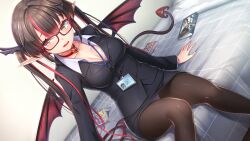 Rule 34 | 1girl, akasaai, black hair, black pantyhose, blazer, book, business suit, choker, collared shirt, demon girl, demon tail, demon wings, dutch angle, fang, formal, game cg, hair ornament, id card, indoors, jacket, long hair, long pointy ears, long sleeves, lovelia, multicolored hair, non-web source, office lady, official art, on bed, open mouth, panties, pantyhose, pantyshot, pencil skirt, photoshop (medium), pink hair, pointy ears, red-framed eyewear, red choker, shirt, sitting, skirt, solo, streaked hair, suit, tail, troubledays, twintails, underwear, very long hair, wings, x hair ornament