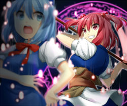 Rule 34 | 2girls, arms up, bad id, bad pixiv id, blue dress, blue hair, blurry, bow, cirno, depth of field, dress, grin, hair bobbles, hair bow, hair ornament, jenevan, lights, magic circle, multiple girls, obi, onozuka komachi, open mouth, red eyes, red hair, sash, scythe, shirt, short hair, skirt, smile, touhou, twintails, two side up