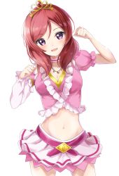 Rule 34 | 10s, 1girl, :d, asymmetrical sleeves, blush, breasts, cleavage, collarbone, commentary request, frilled shirt, frills, hair between eyes, hands up, highres, long hair, long sleeves, looking at viewer, love live!, love live! school idol project, medium breasts, midriff, navel, nishikino maki, open mouth, pink shirt, pleated skirt, puffy short sleeves, puffy sleeves, purple eyes, red hair, shirt, short sleeves, simple background, sin (sin52y), skirt, smile, solo, standing, swept bangs, tiara, uneven sleeves, white background, white skirt