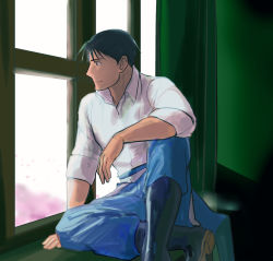 Rule 34 | 1boy, ankle boots, arm at side, arm support, black eyes, black footwear, black hair, blue pants, boots, closed mouth, collared shirt, curtains, dress shirt, elbow on knee, elbow rest, fullmetal alchemist, happy, highres, indoors, jitome, knee up, looking afar, male focus, pants, profile, room, roy mustang, shirt, sidelighting, sitting, smile, solo, spiked hair, sunlight, urikurage, white shirt, window