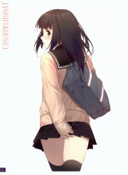 Rule 34 | 1girl, absurdres, bag, black hair, black skirt, black thighhighs, blue eyes, blush, caidychen, closed mouth, covering privates, covering ass, cowboy shot, from behind, frown, highres, long hair, long sleeves, looking at viewer, looking back, miniskirt, original, page number, pleated skirt, profile, scan, school bag, school uniform, serafuku, simple background, skirt, sleeves past wrists, solo, sweater, tareme, thighhighs, white background, zettai ryouiki