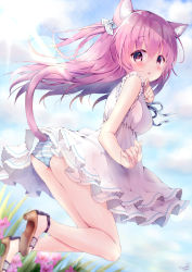 Rule 34 | 1girl, absurdres, accidental exposure, animal ear fluff, animal ears, ass, blush, cat ears, cat tail, chia momochi, cloud, day, dress, flower, from behind, hand to own mouth, high heels, highres, jumping, legs, legs up, long hair, looking back, moe2020, original, outdoors, panties, pantyshot, pink eyes, pink hair, sandals, short dress, side ponytail, sky, sleeveless, sleeveless dress, solo, striped clothes, striped panties, sundress, tail, thighs, underwear, white dress, wind, wind lift