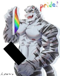 Rule 34 | 1boy, :d, abs, absurdres, animal ears, arknights, bar censor, bara, censored, cha shao bao du, completely nude, cowboy shot, facial hair, facial mark, flag, furry, furry male, goatee, highres, holding, holding flag, huge eyebrows, large hands, large pectorals, lgbt pride, looking at viewer, looking to the side, male focus, mini flag, mountain (arknights), muscular, muscular male, navel, nipples, nude, open mouth, pectorals, penis, pride month, rainbow flag, rainbow flag print, scar, scar across eye, scar on arm, short hair, smile, solo, stomach, tiger boy, tiger ears, white hair