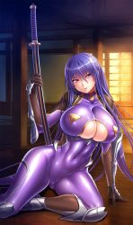 Rule 34 | 1girl, akiyama rinko, aoi nagisa (metalder), armor, blue hair, bodysuit, breasts, cameltoe, cleavage cutout, cleft of venus, clothing cutout, covered collarbone, curvy, female focus, gloves, greaves, hair between eyes, head tilt, highres, holding, holding sword, holding weapon, huge breasts, indoors, lilith-soft, long hair, looking at viewer, no bra, partially visible vulva, purple eyes, sheath, sheathed, shiny clothes, shiny skin, sitting, smile, solo, spread legs, sword, taimanin (series), taimanin asagi kessen arena, taimanin yukikaze, thighs, very long hair, weapon, wooden floor