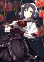 Rule 34 | 1girl, afloat, ascot, black gloves, black hair, black skirt, blush, bow, brooch, brown eyes, closed mouth, collared shirt, commentary request, flower, gloves, gothic lolita, hair between eyes, hairband, hands on own stomach, highres, idolmaster, idolmaster cinderella girls, idolmaster cinderella girls starlight stage, jewelry, lolita fashion, looking away, lunacats, lying, on back, own hands together, partially submerged, puffy short sleeves, puffy sleeves, red ascot, red bow, red flower, shiragiku hotaru, shirt, short sleeves, signature, skirt, solo, spider lily, water, white hairband, white shirt