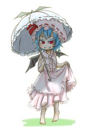 Rule 34 | 1girl, bare shoulders, bat wings, blue hair, chamaji, clothes lift, commentary request, dress, dress lift, eyeshadow, frills, grin, hat, hat ribbon, highres, layered dress, makeup, mob cap, outdoors, parasol, pointy ears, red eyes, remilia scarlet, ribbon, simple background, sleeveless, slit pupils, smile, solo, tiptoes, touhou, umbrella, wings