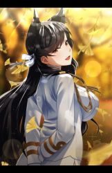 Rule 34 | 1girl, :d, absurdres, animal ears, arms behind back, atago (azur lane), azur lane, black hair, blurry, breasts, breasts squeezed together, brown eyes, commentary request, day, depth of field, from behind, hair ribbon, highres, kagiyama (clave), leaf, letterboxed, long hair, looking at viewer, military, military uniform, mole, mole under eye, open mouth, outdoors, ribbon, smile, solo, uniform, white ribbon