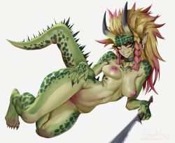Rule 34 | 1girl, breasts, choker, colored sclera, dagger, earrings, horns, jewelry, john fox, knife, lizard tail, long hair, monster girl, nipples, one-punch man, pussy, raptora, reptile girl, scales, tail, weapon, yellow sclera