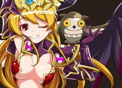 Rule 34 | 1girl, animal, armor, armpits, arms up, asymmetrical wings, bikini armor, bird, black wings, blonde hair, breasts, cleavage, demon girl, demon horns, earrings, fangs, feathered wings, fur trim, gauntlets, grin, heart, heart earrings, horns, jewelry, kanoe (gallery walhalla), large breasts, lilith (p&amp;d), long hair, md5 mismatch, one eye closed, owl, pauldrons, pointy ears, puzzle &amp; dragons, red eyes, shoulder armor, smile, solo, teeth, tiara, upper body, white wings, wings