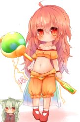 Rule 34 | ahoge, bare shoulders, character request, child, long hair, midriff, navel, red eyes, staff, standing, sunapua