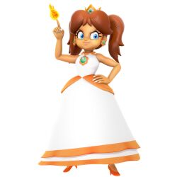 Rule 34 | 1girl, alternate costume, alternate hairstyle, blue eyes, breasts, brown hair, dress, feet, fire, fire daisy, hand on own hip, heels, highres, index finger raised, looking at viewer, mario (series), nail polish, nibroc rock (artist), nintendo, princess, princess daisy, short hair, small breasts, smile, smug, solo, super mario bros. wonder, tan, twintails, white dress, white nails