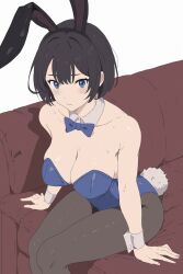 Rule 34 | 1girl, absurdres, animal ears, bare shoulders, black hair, blue eyes, blue leotard, blush, breasts, cleavage, closed mouth, collarbone, commentary, detached collar, fake tail, highres, large breasts, leotard, looking at viewer, original, pantyhose, playboy bunny, rabbit ears, rabbit tail, scalari126, shiny clothes, shiny skin, short hair, simple background, sitting, solo, strapless, strapless leotard, tail, wrist cuffs