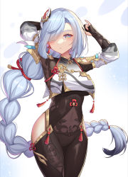 Rule 34 | 1girl, absurdres, arms up, black pantyhose, blue eyes, bodysuit, braid, breast curtain, breasts, chinese clothes, clothing cutout, eyebrows hidden by hair, genshin impact, grey hair, hair ornament, hair over one eye, highres, hip vent, kensei (ciid), large breasts, long bangs, long hair, looking at viewer, low-braided long hair, low-tied long hair, open mouth, pantyhose, ponytail, shenhe (genshin impact), shoulder cutout, simple background, solo, very long hair, white background