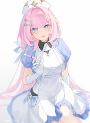 Rule 34 | 1girl, :d, apron, artist name, blue eyes, breasts, chinese commentary, commentary, dress, elf, elysia (honkai impact), frills, gloves, hair ornament, hat, highres, holding, holding syringe, honkai (series), honkai impact 3rd, large breasts, long hair, looking at viewer, nurse, nurse cap, open mouth, pink hair, pink pupils, pointy ears, puffy short sleeves, puffy sleeves, short sleeves, simple background, sitting, smile, solo, syringe, white background, white dress, white gloves, white hat, yukiri (l ii)