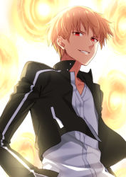 Rule 34 | 1boy, black jacket, dress shirt, fate/stay night, fate (series), gate of babylon (fate), gilgamesh (fate), jacket, male focus, masuishi kinoto, official alternate costume, open clothes, open jacket, shirt, solo, standing, upper body, white shirt