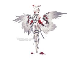 Rule 34 | 1girl, angel, angel wings, bandages, barefoot, blood, blood halo, bloody bandages, commentary, english commentary, full body, hair over one eye, halo, hand on own arm, krab (fumekrab), liquid halo, melting halo, original, pale skin, plantar flexion, red eyes, short hair, solo, straitjacket, torn clothes, veins, white background, white hair, wings