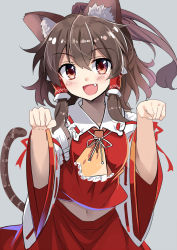 Rule 34 | 1girl, :d, animal ears, ascot, blush, brown hair, cat ears, cat tail, commentary request, cowboy shot, detached sleeves, e.o., fang, frilled shirt collar, frills, grey background, hair between eyes, hair tubes, hakurei reimu, hands up, head tilt, highres, kemonomimi mode, long hair, long sleeves, looking at viewer, navel, open mouth, paw pose, ponytail, red eyes, red ribbon, red skirt, red vest, ribbon, ribbon-trimmed collar, ribbon-trimmed sleeves, ribbon trim, shiny skin, sidelocks, simple background, skirt, smile, solo, standing, stomach, tail, tareme, touhou, vest, wide sleeves