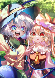 Rule 34 | 2girls, absurdres, adapted costume, aqua eyes, arms behind back, ascot, black headwear, blurry, blush, bow, breasts, calpis118, collar, commentary request, cowboy shot, dappled sunlight, depth of field, facing viewer, flandre scarlet, frilled collar, frilled sleeves, frills, green eyes, green nails, green sailor collar, green skirt, grey hair, hair between eyes, happy, hat, hat bow, heart-shaped ornament, highres, komeiji koishi, lens flare, light particles, long hair, long sleeves, looking at viewer, medium hair, mob cap, multiple girls, open mouth, outdoors, red bow, red eyes, red skirt, red vest, round teeth, sailor collar, selfie, shirt, short hair, side ponytail, sidelocks, skirt, small breasts, smile, sunlight, teeth, third eye, touhou, tree, upper teeth only, v, vest, wavy hair, white headwear, white sailor collar, white shirt, wide sleeves, yellow ascot, yellow bow, yellow shirt
