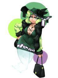 Rule 34 | 1girl, adapted costume, aronnecroman, bag, breasts, bright pupils, cleavage, covered navel, ghost tail, green eyes, green hat, hand on own hip, hat, highres, jewelry, large breasts, long sleeves, mob cap, ofuda, ofuda on clothes, pendant, soga no tojiko, solo, touhou, white pupils