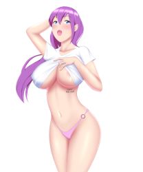 Rule 34 | 1girl, artist name, blue eyes, blush, breasts, highres, large breasts, long hair, looking at viewer, mangakay, open mouth, original, purple hair, self-upload, shirt, smile, solo, thong, white shirt