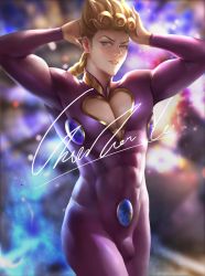 Rule 34 | 1boy, abs, arms up, artist name, blonde hair, blurry, blurry background, bodysuit, braid, bulge, chunhwei lee, clothing cutout, commentary request, cowboy shot, earrings, eyelashes, giorno giovanna, green eyes, heart cutout, highres, jewelry, jojo no kimyou na bouken, long hair, long sleeves, looking at viewer, male focus, nose, parted lips, pectorals, pompadour, signature, skin tight, solo, toned, vento aureo