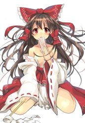 Rule 34 | 1girl, bad id, bad pixiv id, bare shoulders, blush, bow, brown hair, clare (543), covering own mouth, detached sleeves, gohei, hair bow, hair tubes, hakurei reimu, kneeling, long hair, looking at viewer, off shoulder, ofuda, open mouth, red eyes, ribbon-trimmed sleeves, ribbon trim, simple background, solo, touhou, white background, wide sleeves