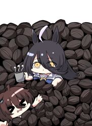 Rule 34 | &gt; &lt;, 2girls, agnes tachyon (umamusume), ahoge, animal ears, black hair, blue shirt, bow, bowtie, brown hair, coffee beans, commentary request, cup, ears down, highres, holding, holding cup, horse ears, kawamochi (tddm3573), long hair, looking at viewer, manhattan cafe (umamusume), multiple girls, open mouth, shirt, short hair, short sleeves, steam, umamusume, yellow eyes