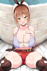 Rule 34 | 1girl, :d, absurdres, atelier (series), atelier ryza, atelier ryza 1, belt, beret, blush, bracelet, breasts, brown hair, cleavage, fang, gloves, hair ornament, hairclip, hat, highres, jakko, jewelry, large breasts, looking at viewer, micro shorts, nervous smile, open mouth, red shorts, reisalin stout, shorts, single glove, sitting, skin fang, skindentation, smile, solo, sweat, thick thighs, thighhighs, thighs, yellow eyes