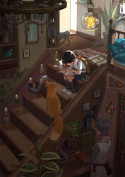 Rule 34 | 1boy, 1girl, animal, black hair, book, commentary, creature, extra tails, fox, glasses, grey hair, highres, indoors, original, otton, revision, school uniform, sitting, slippers, snake, stairs