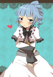 Rule 34 | 1girl, alfa system, ange serena, blue background, blue hair, blush, breasts, dress, frills, grey eyes, heart, jewelry, long hair, ponytail, ribbon, tales of (series), tales of innocence
