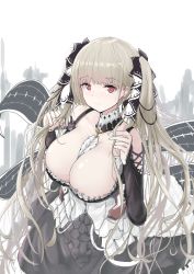 Rule 34 | 1girl, azur lane, bare shoulders, between breasts, black dress, blush, breasts, cleavage, dress, earrings, flight deck, formidable (azur lane), frilled dress, frills, grey hair, hair ornament, hair ribbon, hands in hair, highres, jewelry, large breasts, long hair, long sleeves, looking at viewer, red eyes, ribbon, rigging, solo, take (trude1945oneetyan), twintails