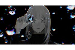 Rule 34 | 1girl, commentary, english commentary, hand up, hasuhasuhasu0127, highres, holding crystal, letterboxed, light particles, long hair, long sleeves, looking at viewer, monochrome, multicolored gemstone, original, parted lips, prism, ribbed sweater, simple background, solo, sparkle, spot color, straight-on, sweater, turtleneck, turtleneck sweater