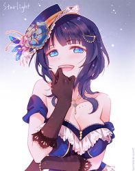 Rule 34 | 1girl, :d, asaka karin, bare shoulders, black gloves, blue eyes, blue headwear, blush, breasts, cleavage, dated, flower, gloves, hair ornament, jewelry, kanucone, large breasts, looking at viewer, love live!, love live! nijigasaki high school idol club, love live! school idol project, mole, mole on collarbone, necklace, open mouth, purple hair, short hair, smile, solo, starlight (love live!), twitter username, upper body