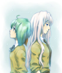 2girls back-to-back bad_id bad_pixiv_id blue_eyes brown_eyes green_hair highres long_hair macross macross_frontier multiple_girls pink_hair profile ranka_lee school_uniform sheryl_nome tears yomoya