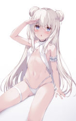 Rule 34 | + +, 1girl, :o, arm garter, arm support, arm up, azur lane, bare arms, bare shoulders, bikini, blue eyes, blush, breasts, choker, collarbone, commentary request, double bun, feet out of frame, gradient background, grey background, grey hair, hair between eyes, hair bun, halterneck, highres, le malin (azur lane), le malin (mercredi at the secret base) (azur lane), le malin (mercredi at the secret base) (azur lane), long hair, looking at viewer, nakazawa aki, navel, open mouth, parted lips, salute, shading eyes, sidelocks, simple background, sitting, skindentation, small breasts, solo, stomach, swimsuit, symbol-shaped pupils, thigh strap, thighs, very long hair, white background, white bikini, white hair