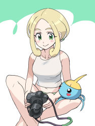Rule 34 | 1girl, bare arms, barefoot, blonde hair, blush stickers, breasts, camera, closed mouth, collarbone, commentary request, creatures (company), eyelashes, game freak, gen 3 pokemon, green eyes, gym leader, holding, looking down, navel, nibo (att 130), nintendo, pokemon, pokemon (creature), pokemon on leg, pokemon xy, shirt, sleeveless, sleeveless shirt, smile, surskit, viola (pokemon), white shirt