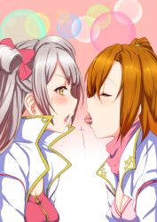 Rule 34 | 10s, 2girls, blush, bow, breasts, brown hair, candy, clearite, cleavage, feeding, flying sweatdrops, food, from side, hair bow, highres, jacket, kosaka honoka, long hair, love live!, love live! school idol project, macaron, medium breasts, minami kotori, mouth hold, multiple girls, open clothes, open jacket, open mouth, profile, shared food, sharing food, short hair, side ponytail, yuri