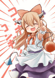 Rule 34 | 1girl, :d, belt, blush, bow, chain, closed eyes, commentary request, cookie (touhou), cowboy shot, emphasis lines, hair bow, highres, horn ornament, horn ribbon, horns, ibuki suika, long hair, neckerchief, oni, open mouth, orange hair, orb, pointing, pointing at viewer, purple ribbon, purple skirt, pyramid (geometry), red bow, red neckerchief, ribbon, shirt, skirt, sleeveless, sleeveless shirt, smile, solo, tail or, torn clothes, torn sleeves, touhou, translation request, white background, white shirt, wrist cuffs, yuyusu (cookie), |d