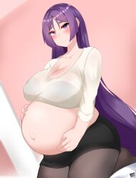 Rule 34 | 1girl, absurdres, artist name, bayoshii, big belly, blush, breasts, cleavage, collarbone, curvy, fate/grand order, fate (series), hand on own stomach, highres, huge breasts, large breasts, long hair, looking at viewer, midriff, minamoto no raikou (fate), navel, outie navel, parted lips, pencil skirt, pregnant, purple eyes, purple hair, seiza, sidelocks, signature, sitting, skirt, smile, solo, thick thighs, thighhighs, thighs, very long hair, wide hips