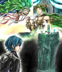 Rule 34 | 1boy, 2girls, armor, bare shoulders, blue hair, byleth (fire emblem), byleth (male) (fire emblem), closed eyes, crossed arms, crossover, cup, dress, fire emblem, fire emblem: three houses, floating, green eyes, green hair, hair ornament, hair ribbon, headdress, highres, holding, holding cup, jewelry, kicdon, kid icarus, kid icarus uprising, long hair, matching hair/eyes, multiple girls, nintendo, open mouth, palutena, pointy ears, ribbon, sitting, sothis (fire emblem), stairs, strapless, strapless dress, super smash bros., tea, teacup, throne, tiara, white dress