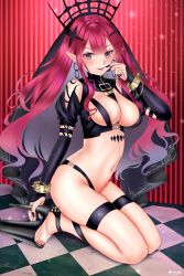 Rule 34 | 1girl, absurdres, areola slip, baobhan sith (fate), baobhan sith (second ascension) (fate), black footwear, black nails, black sleeves, black veil, blush, breasts, chain, chain earrings, commentary request, earrings, fangs, fate/grand order, fate (series), highres, hoop earrings, jewelry, kneeling, large breasts, long hair, looking at viewer, midriff, nail polish, navel, platform footwear, platform heels, pointy ears, purple eyes, red hair, revealing clothes, smile, solo, thigh strap, toenail polish, toenails, veil, very long hair, yayanri