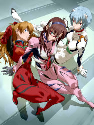 Rule 34 | 10s, 3girls, arm around waist, arm behind head, arm support, arm up, armpits, ayanami rei, baariya, black hair, blue eyes, blue hair, bodysuit, bracer, breasts, breasts apart, brown hair, closed mouth, covered erect nipples, evangelion: 3.0 you can (not) redo, expressionless, eyepatch, from above, from side, full body, glasses, gloves, green eyes, hair between eyes, hair ornament, hair over shoulder, hairband, hand on another&#039;s stomach, hand on own knee, head tilt, headgear, highres, holding hands, hug, hug from behind, knees up, legs together, light smile, long hair, looking at viewer, low twintails, lying, makinami mari illustrious, medium breasts, multiple girls, narrow waist, neon genesis evangelion, on back, orange hair, pilot suit, pink-framed eyewear, plugsuit, rebuild of evangelion, red eyes, semi-rimless eyewear, shadow, short hair, sidelocks, sitting, small breasts, smile, souryuu asuka langley, tape, thigh gap, tiptoes, turtleneck, twintails, two side up, under-rim eyewear