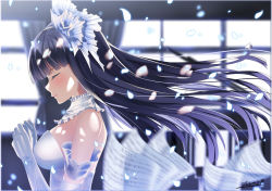 Rule 34 | 1girl, aquaplus, arms up, bare shoulders, black hair, breasts, bride, choker, cleavage, closed eyes, closed mouth, curtains, dress, eyelashes, from side, gloves, highres, large breasts, long hair, nose, petals, sheet music, sidelocks, signature, sleeveless, sleeveless dress, smile, solo, touma kazusa, upper body, very long hair, wedding dress, white album, white album (series), white album 2, white gloves, window, yu-ip